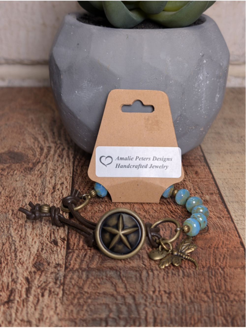 Handcrafted Boho Turquoise Faceted Beaded Knotted Brown Leather Button Bracelet